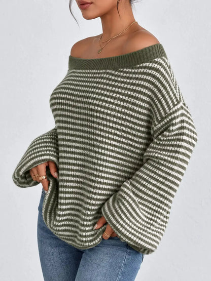 Striped Knit Boat Neck Sweater by Trendsi