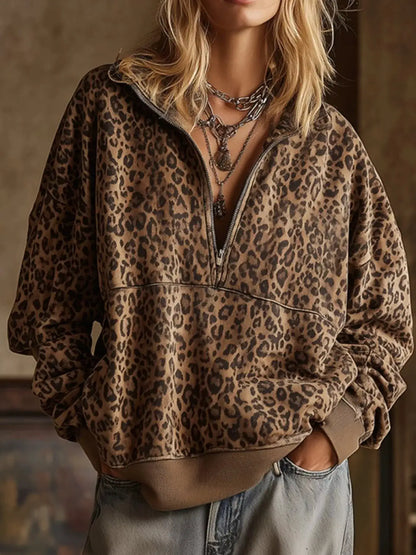 Leopard Half Zip Oversized Sweatshirt by Trendsi
