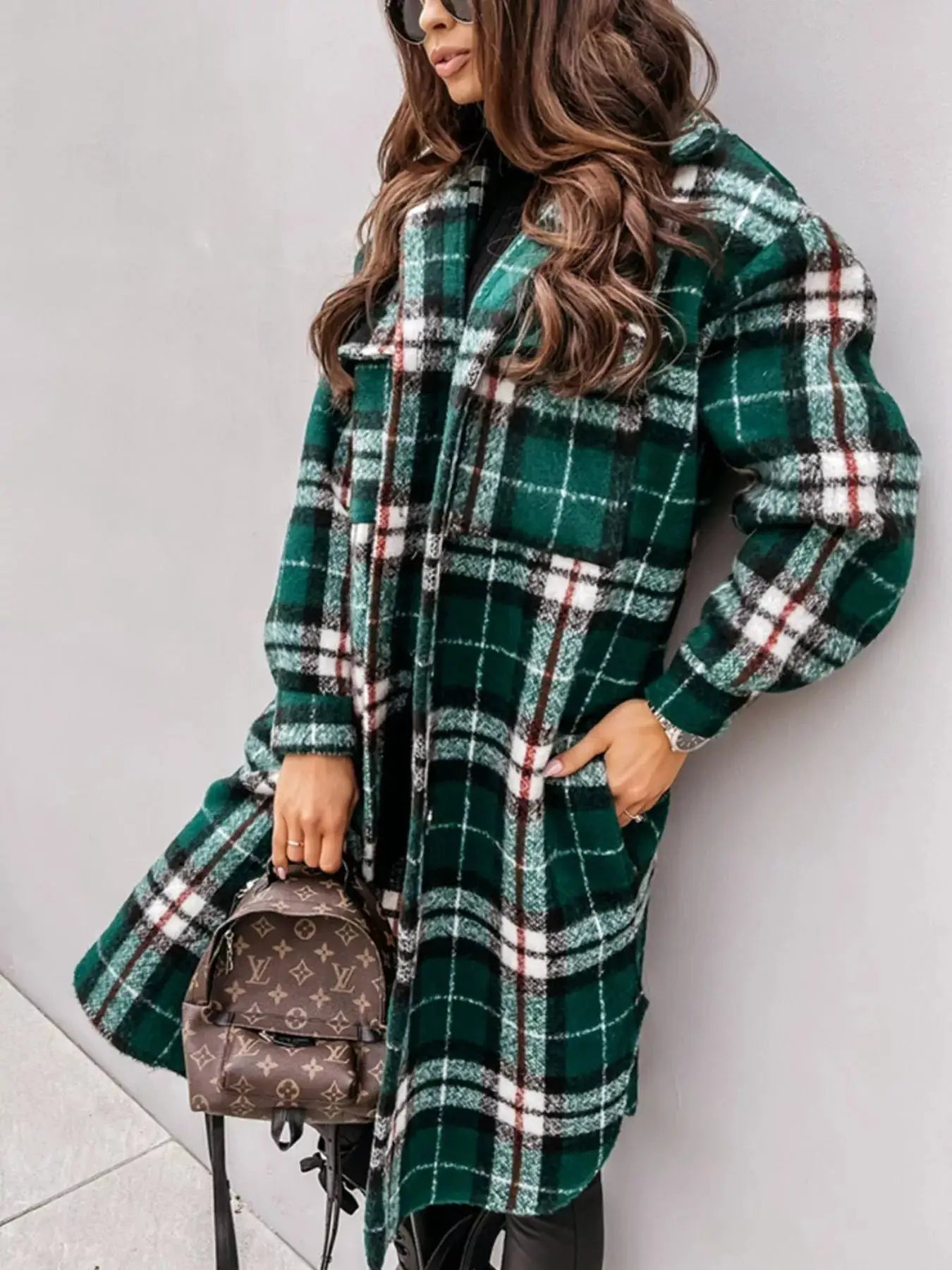 Longline Plaid Button Up Coat by Trendsi
