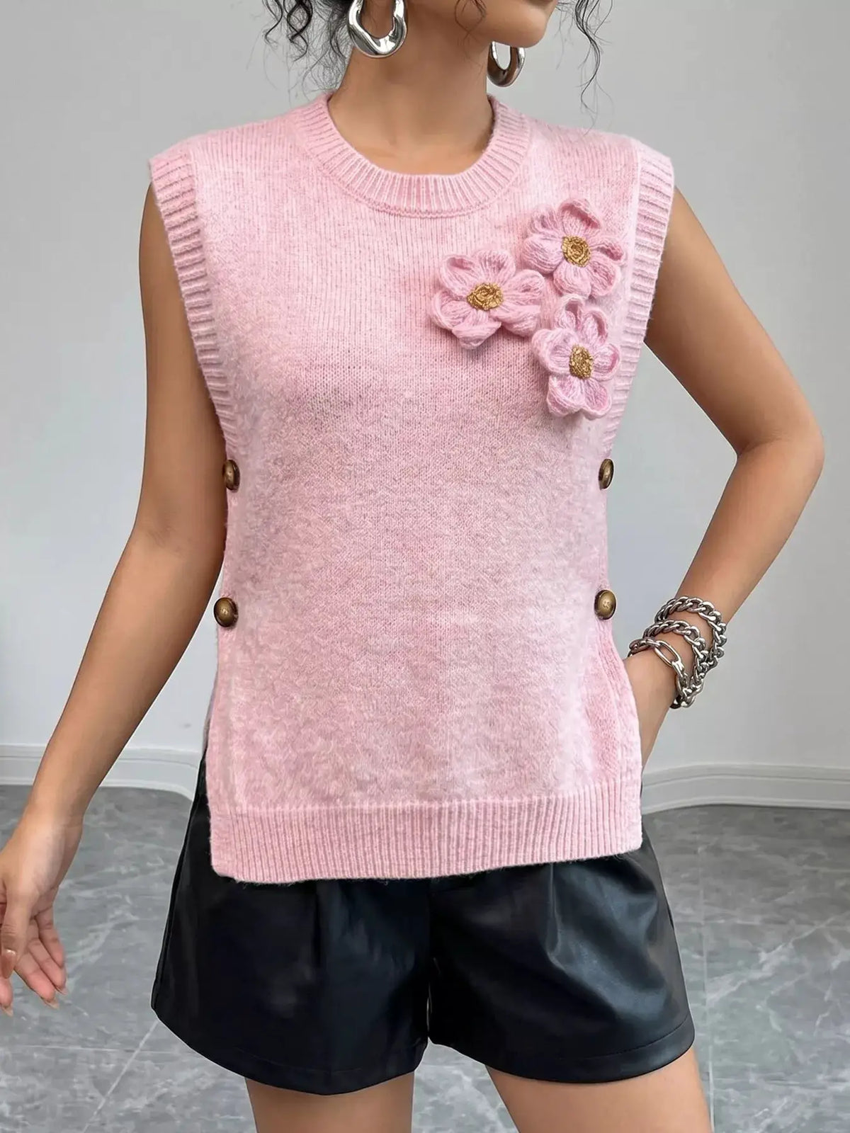 Side Button Sweater Vest with 3D Floral Appliques by Trendsi