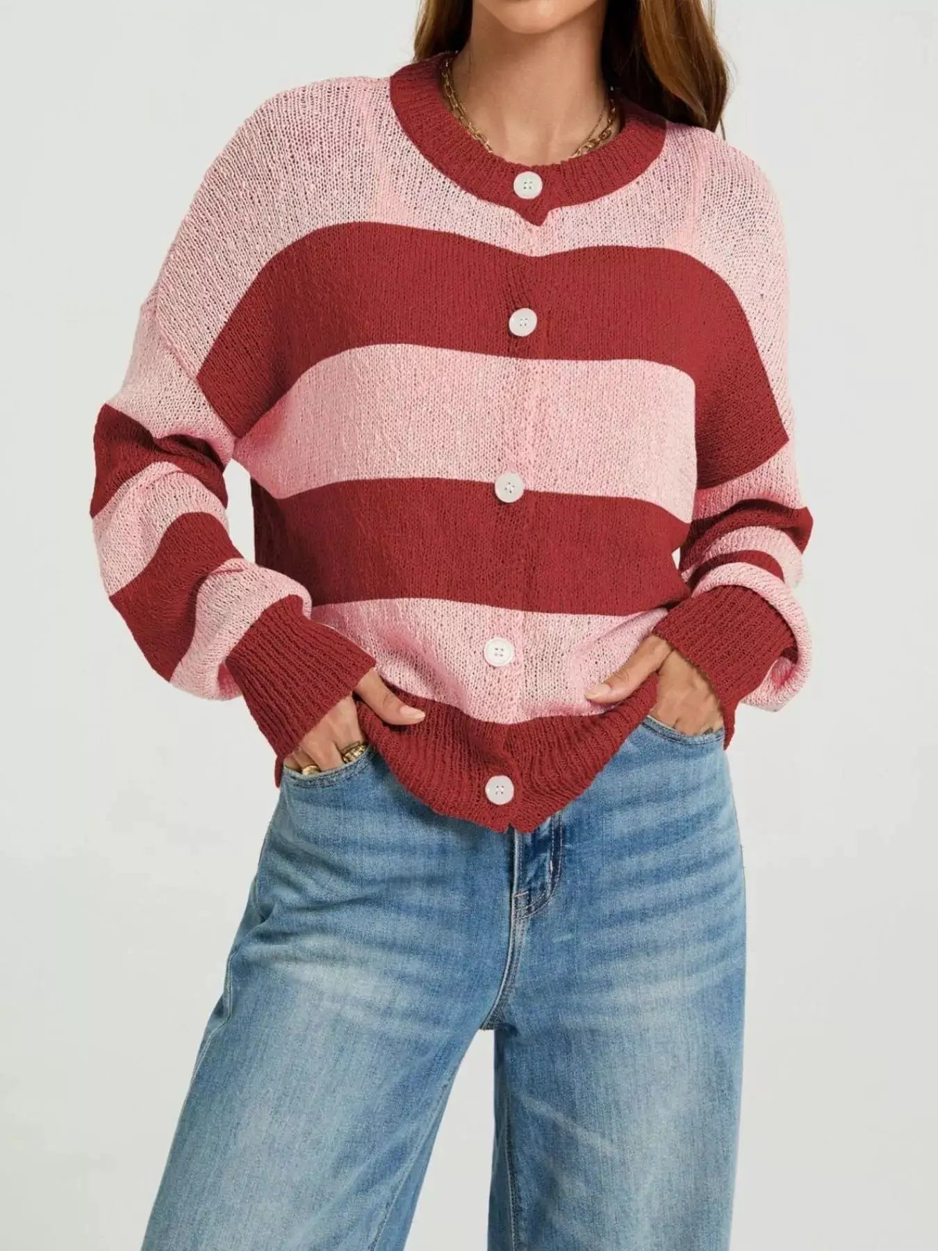 Casual Striped Button-Down Knit Cardigan by Trendsi