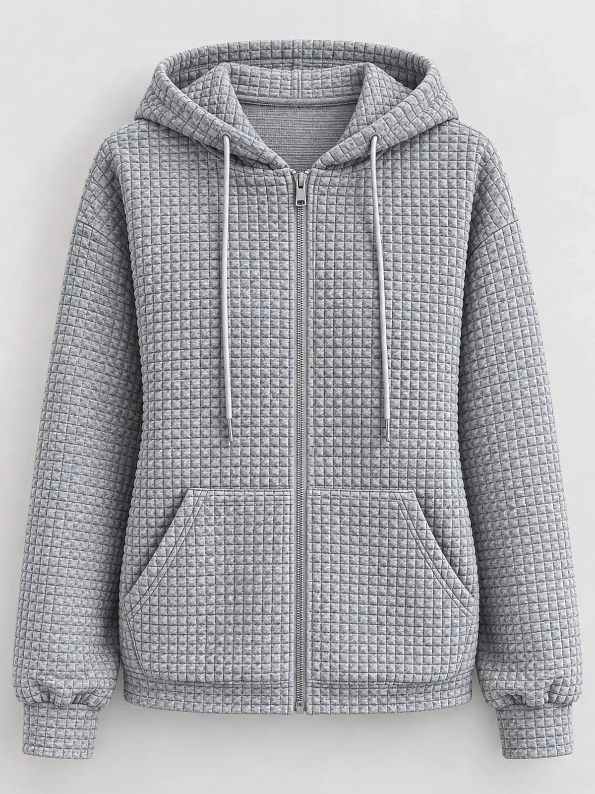 Waffle Knit Zip-Up Hoodie with Drawstring and Pockets by Trendsi
