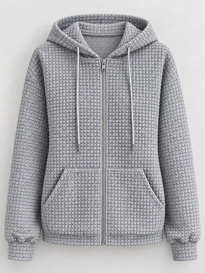 Waffle Knit Zip-Up Hoodie with Drawstring and Pockets by Trendsi