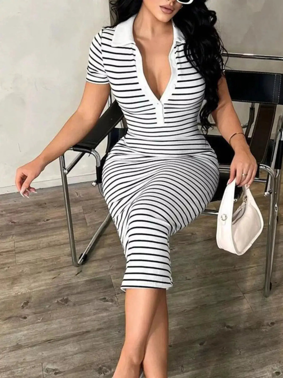 Striped Short Sleeve Bodycon Midi Dress by Trendsi