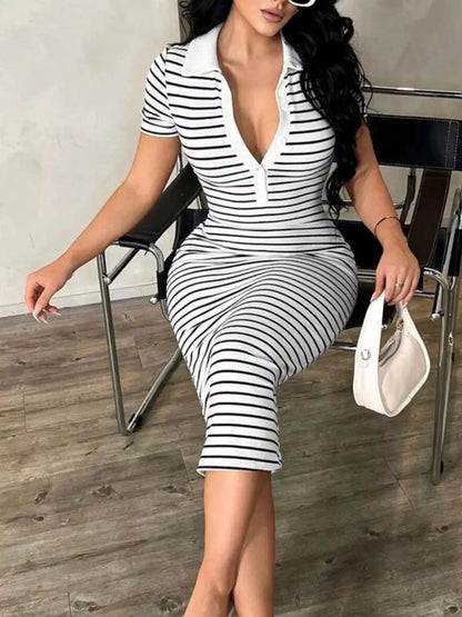 Striped Short Sleeve Bodycon Midi Dress by Trendsi