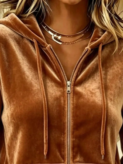 Full Size Velvet Zip-Up Hoodie with Drawstring Plus Size by Trendsi