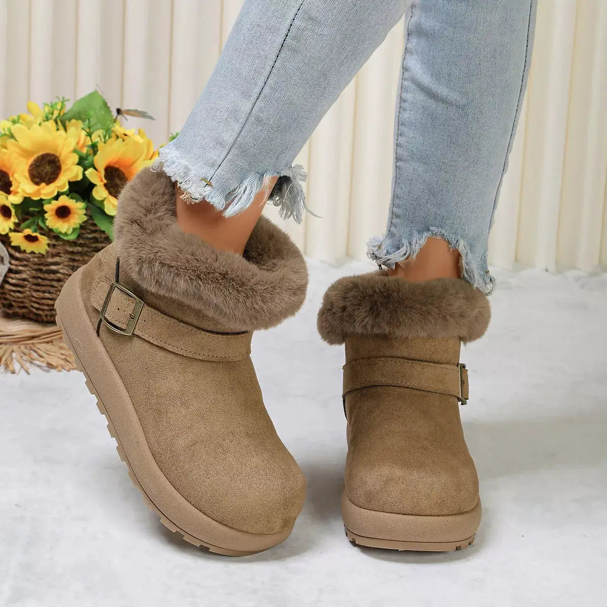 Round Toe Fuzzy Boots by Trendsi