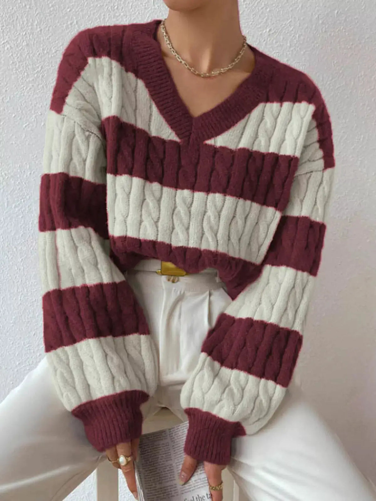 V-Neck Striped Cable Knit Sweater by Trendsi