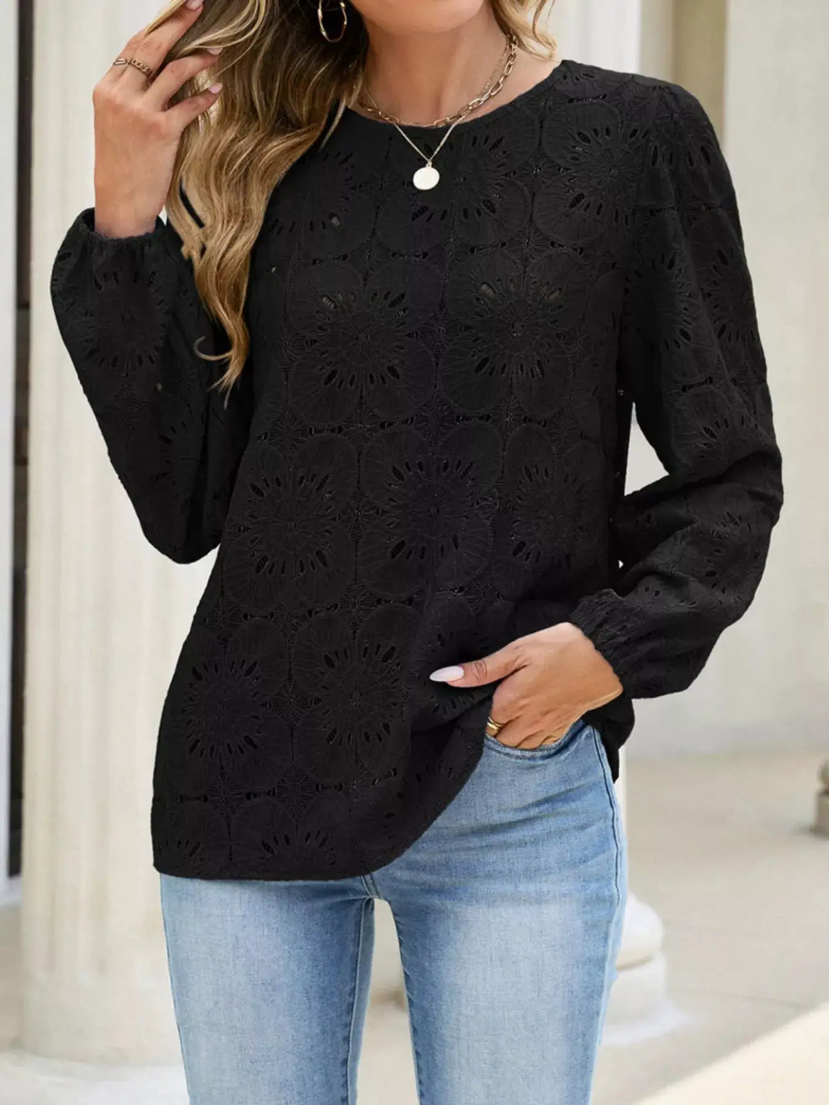 Floral Eyelet Lace Long Sleeve Blouse by Trendsi