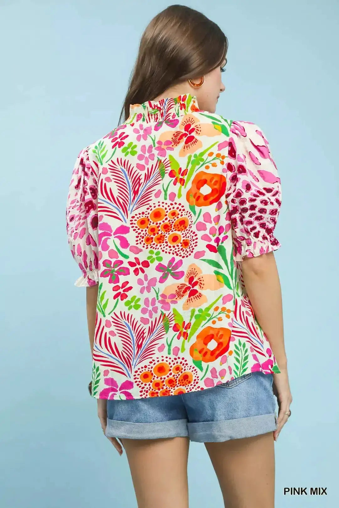 Umgee V-Neck Ruffle Trim Puff Sleeve Top by Trendsi
