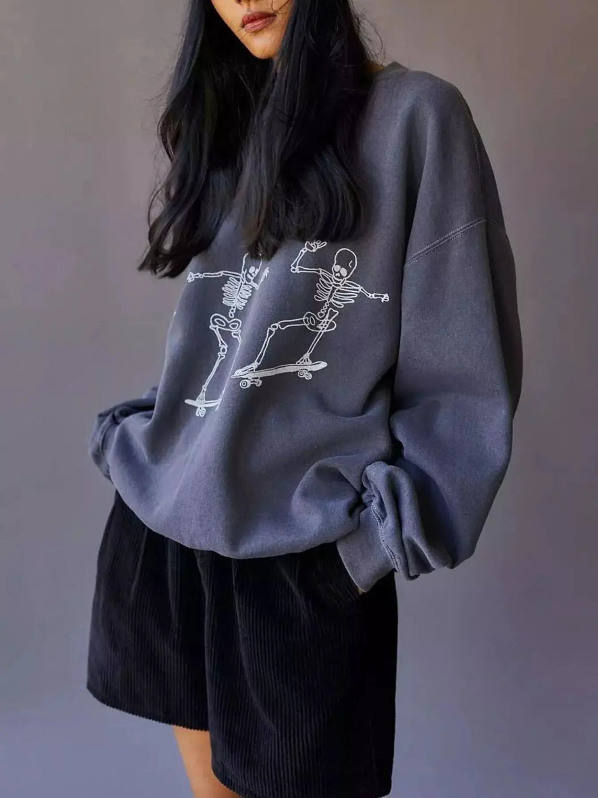 Skeleton Graphic Round Neck Sweatshirt by Trendsi