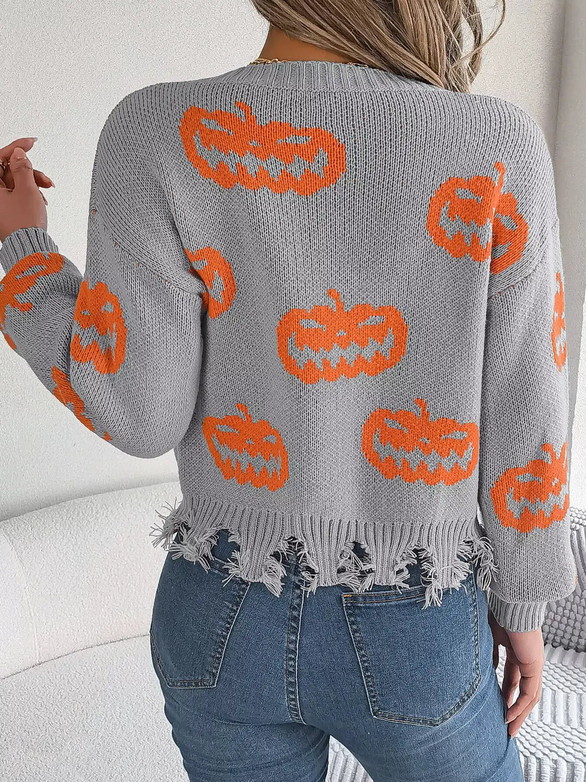 Pumpkin Distressed Hem Sweater by Trendsi