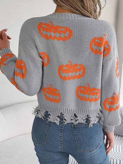 Pumpkin Distressed Hem Sweater by Trendsi