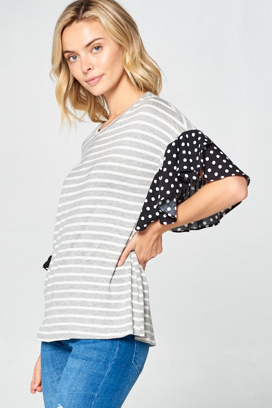 PLUS POLKA DOT RUFFLE SLEEVE TOP