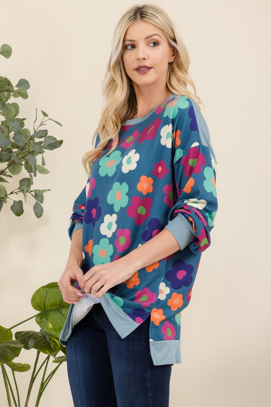 Celeste Full Size Side Slit Flower Print Long Sleeve Top