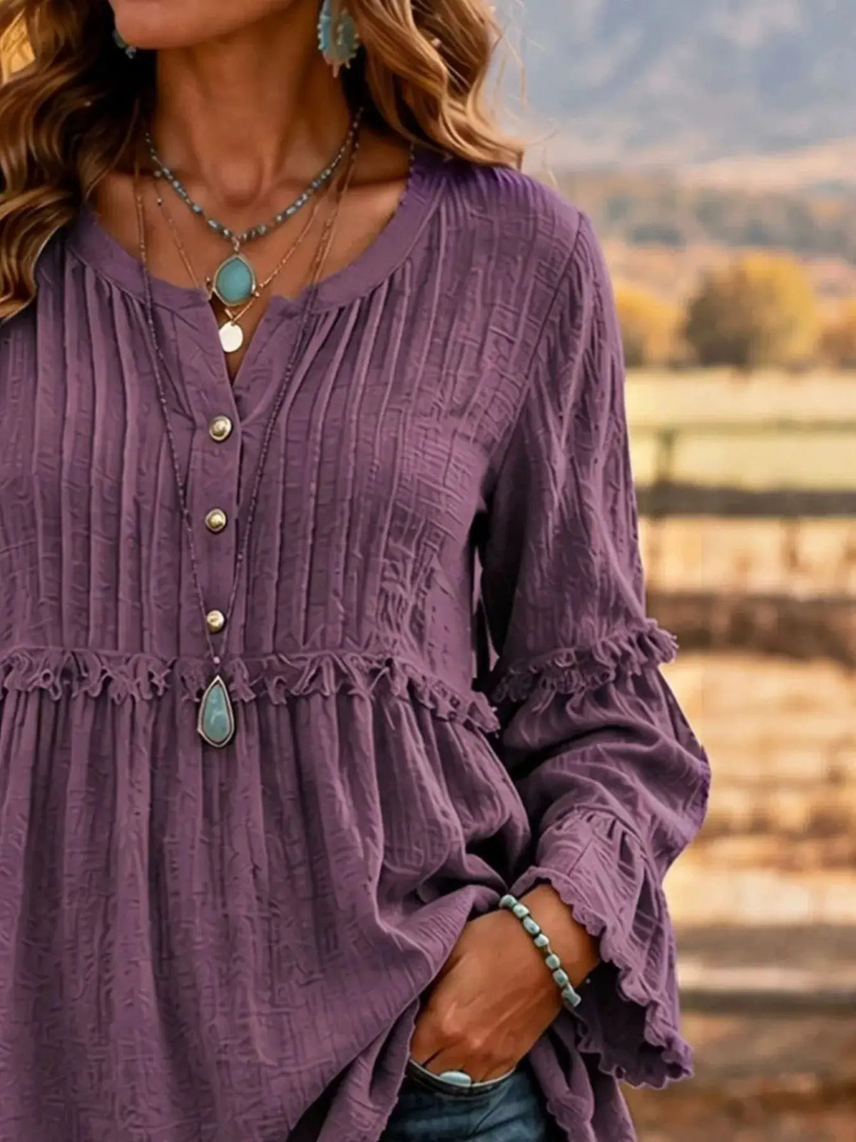Full Size Fringe Trim Ruffle Sleeve Blouse Plus Size by Trendsi