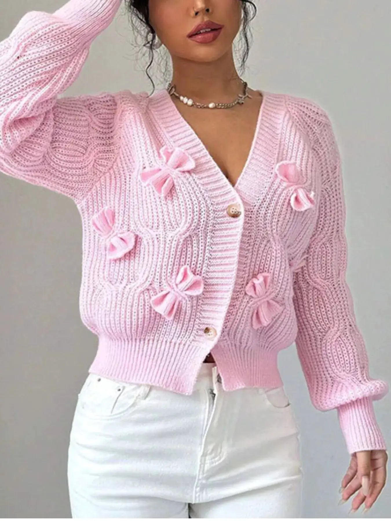 Bow Cable Knit V-Neck Cardigan by Trendsi