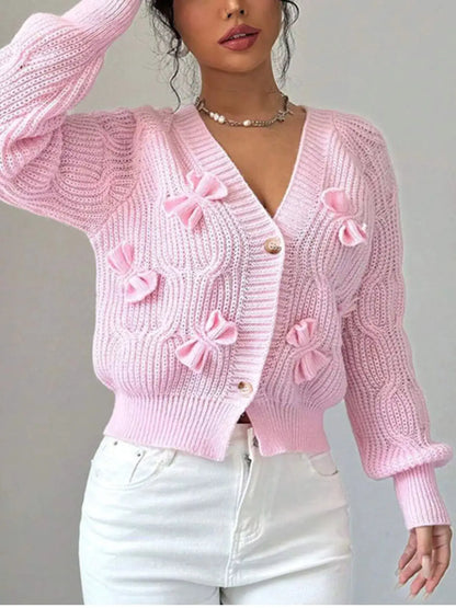 Bow Cable Knit V-Neck Cardigan by Trendsi