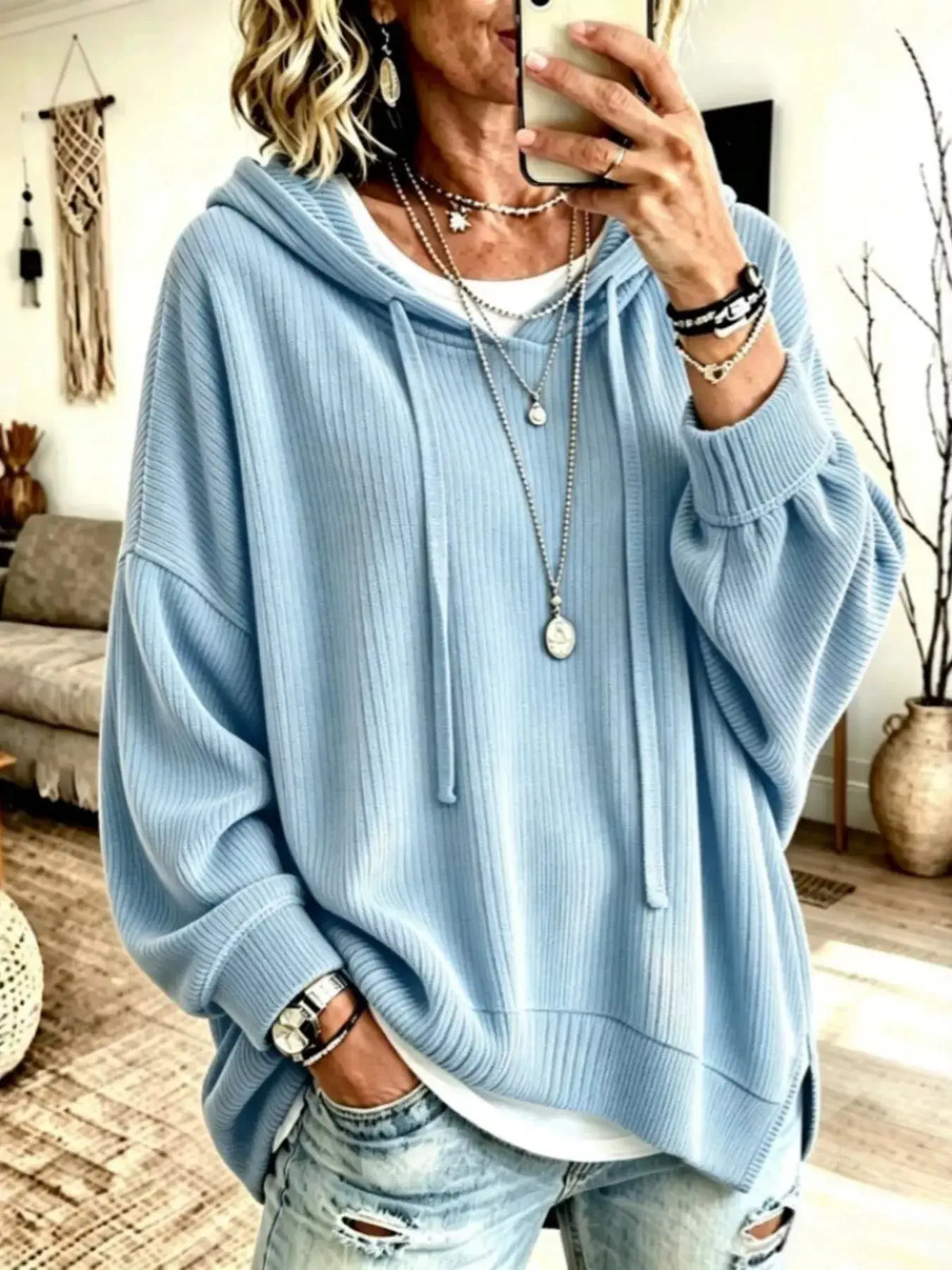 Drawstring Ribbed Knit Hoodie by Trendsi