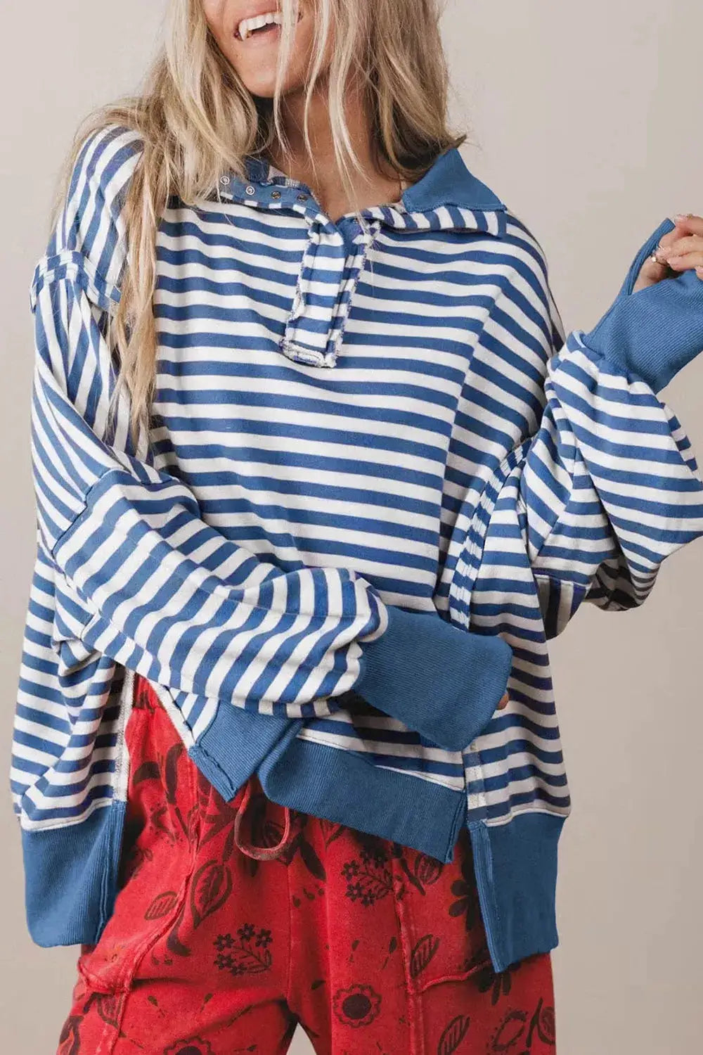 Stripe Color Block Trim Raw Seam Split Hem Loose Sweatshirt by Trendsi