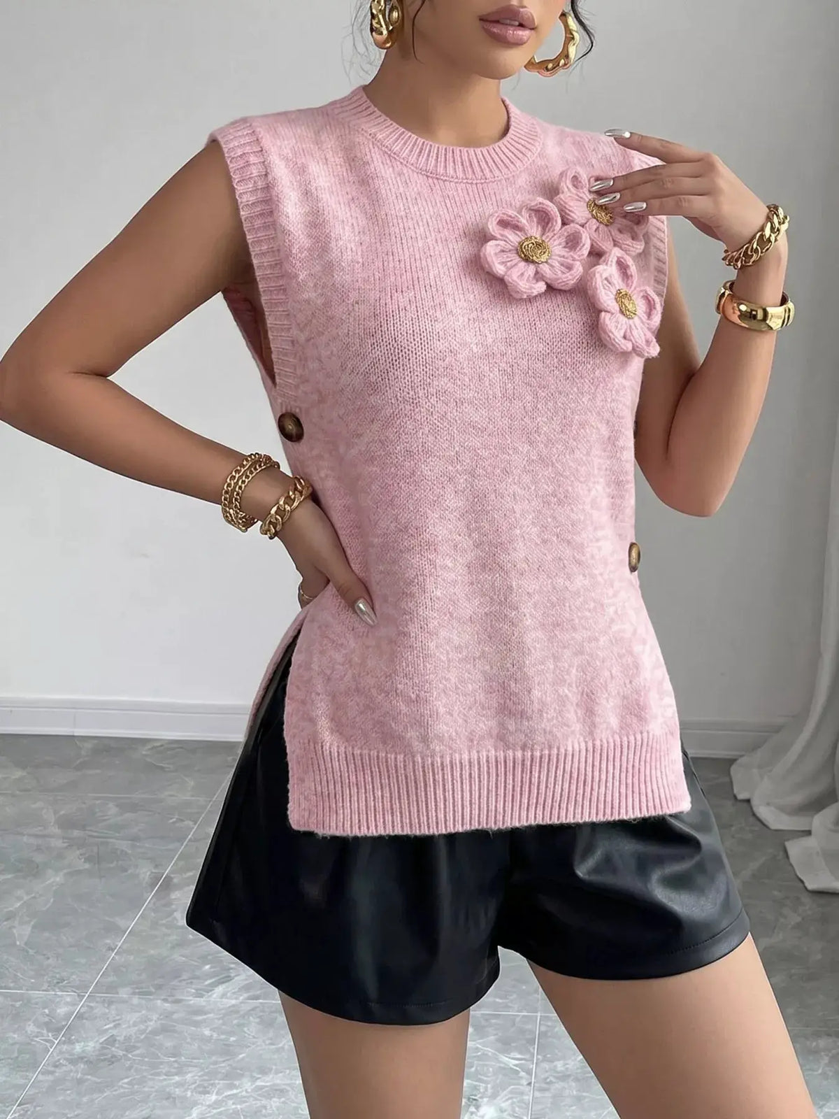 Side Button Sweater Vest with 3D Floral Appliques by Trendsi