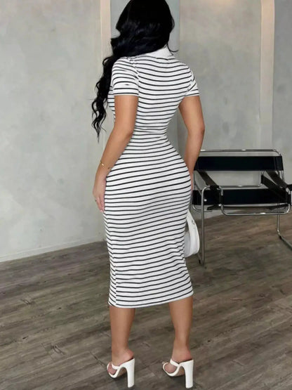 Striped Short Sleeve Bodycon Midi Dress by Trendsi