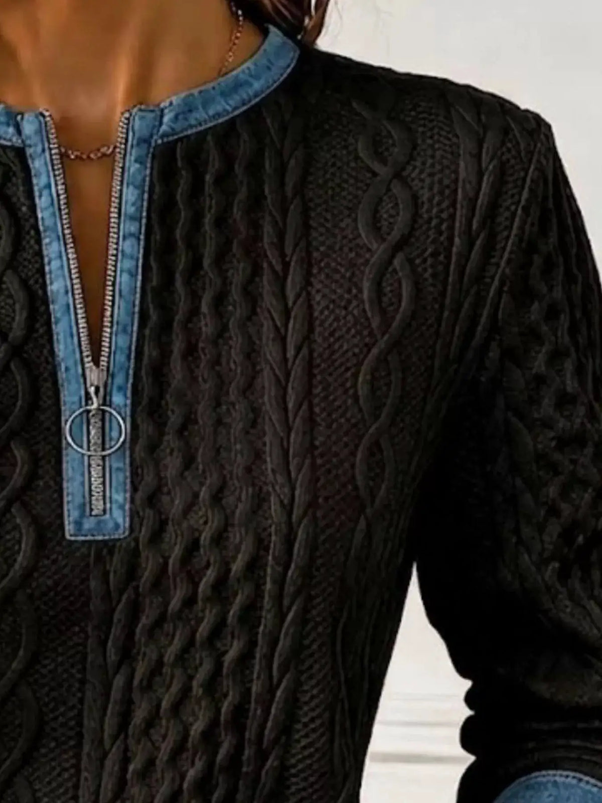 Full Size Denim Contrast Trim Quarter Zip Texture Sweatshirt Plus Size by Trendsi