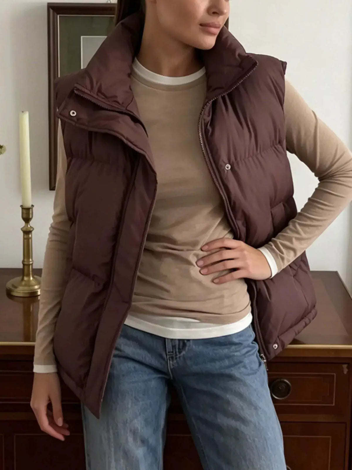 Snap-Button Placket Quilted Puffer Vest Coat by Trendsi