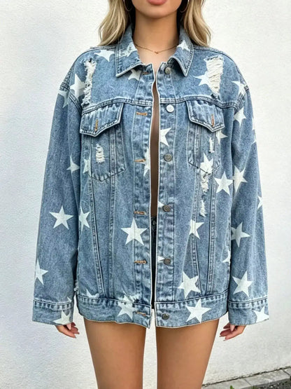 Star Print Distressed Oversized Denim Jacket by Trendsi