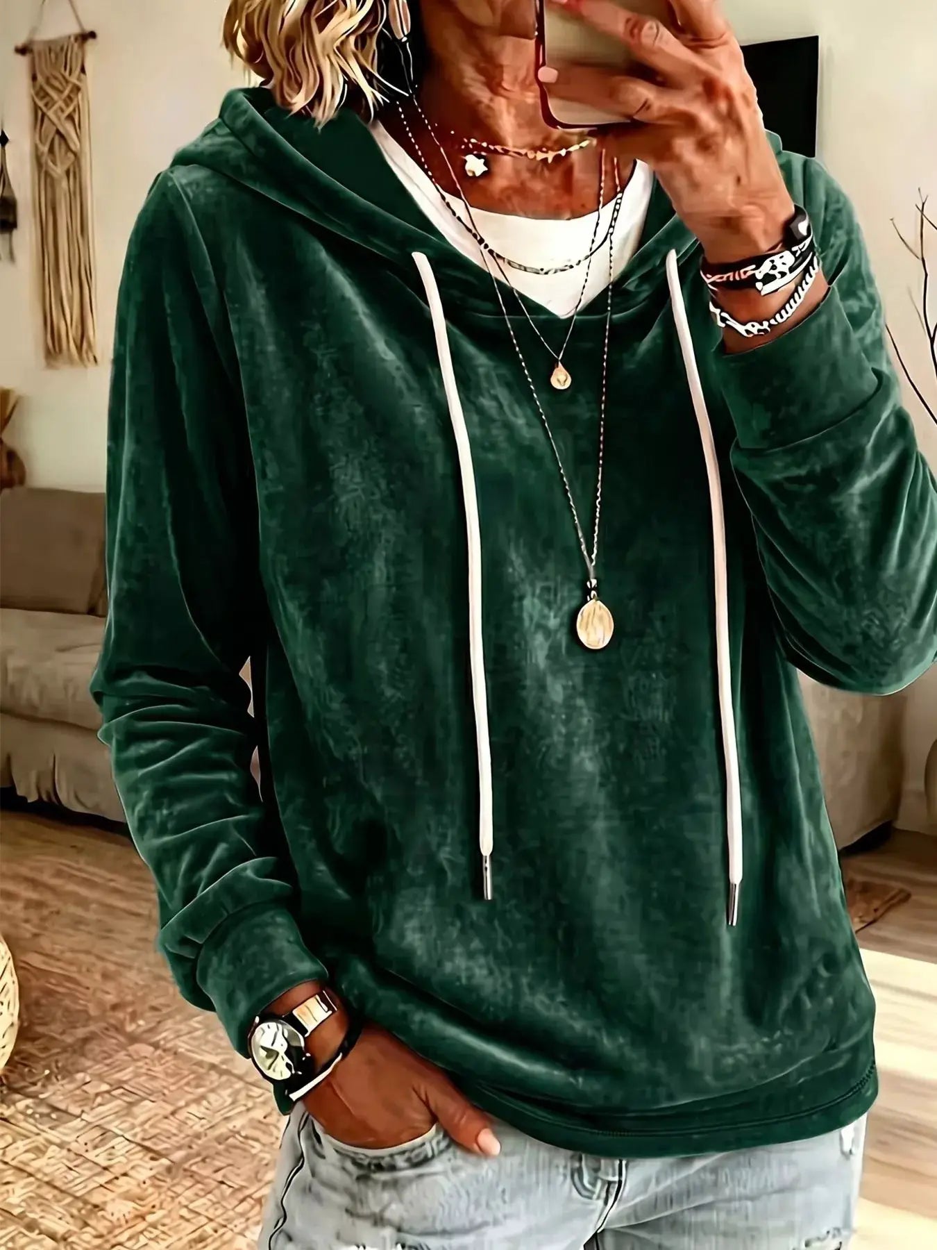 Full Size Drawstring Velvet Long Sleeve Hoodie Plus Size by Trendsi