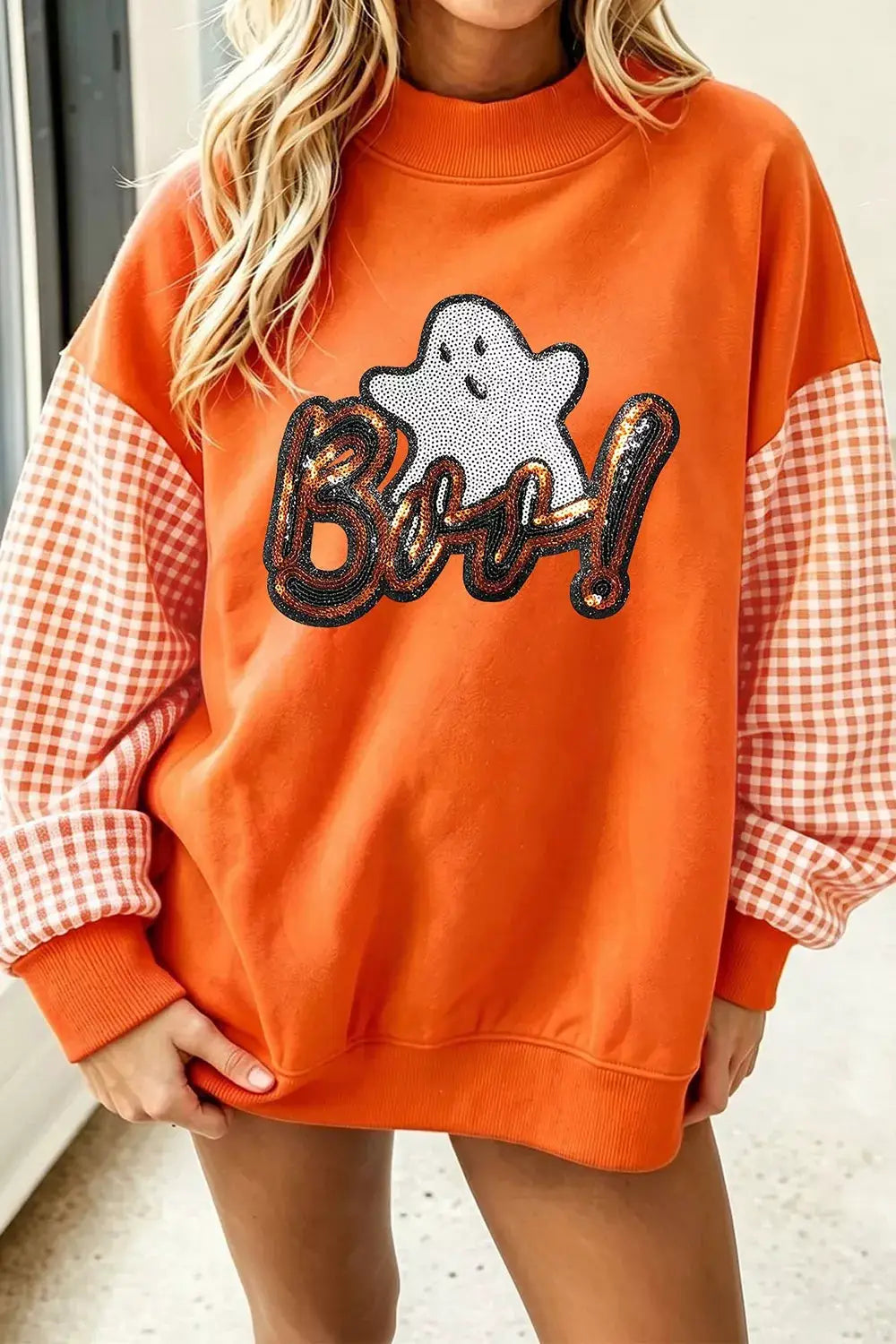 Boo Sequin Ghost Plaid Patchwork Sleeve Halloween Sweatshirt by Trendsi