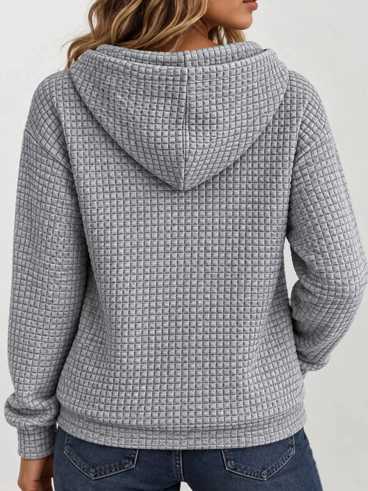 Waffle Knit Zip-Up Hoodie with Drawstring and Pockets by Trendsi