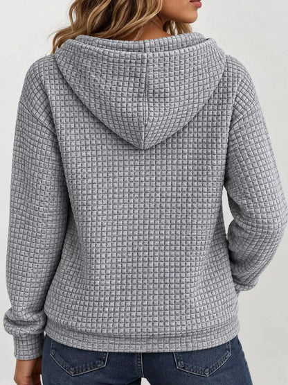 Waffle Knit Zip-Up Hoodie with Drawstring and Pockets by Trendsi