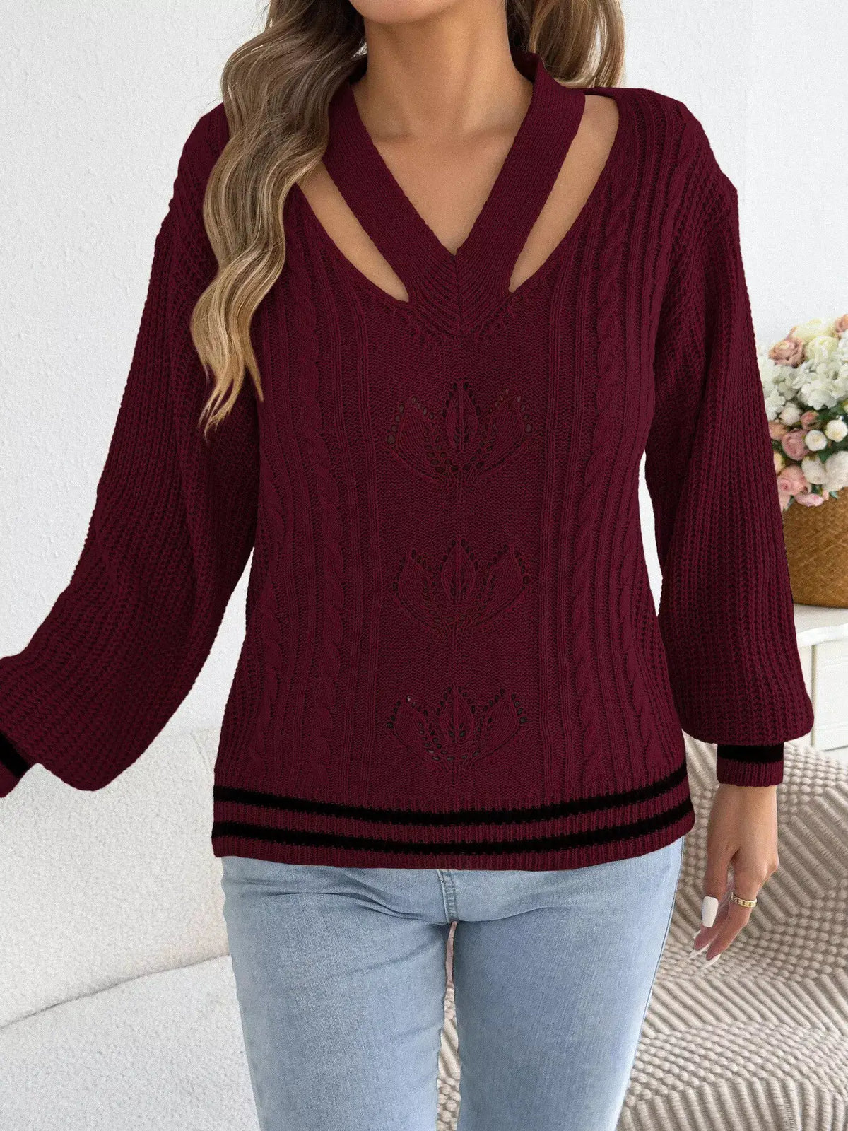 Cutout Cable Knit Sweater by Trendsi