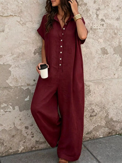 Button Front Short Sleeve Jumpsuit by Trendsi