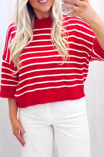 Stripe Dropped Shoulder Half Sleeve Relaxed Knit Sweater by Trendsi