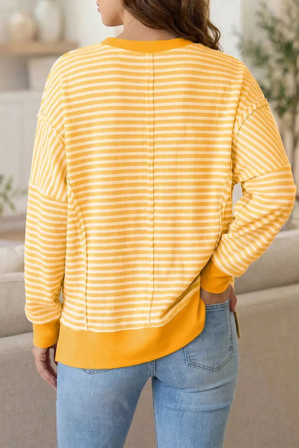 Stripe Halloween Pumpkin Face Waffle Knit Pullover Loose Top with Slits by Trendsi