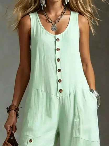 Full Size Sleeveless Button-Down Wide-Leg Jumpsuit Plus Size by Trendsi