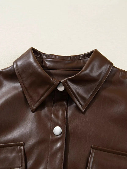 Double Flap Pocket Drawstring Hem Leather Jacket by Trendsi