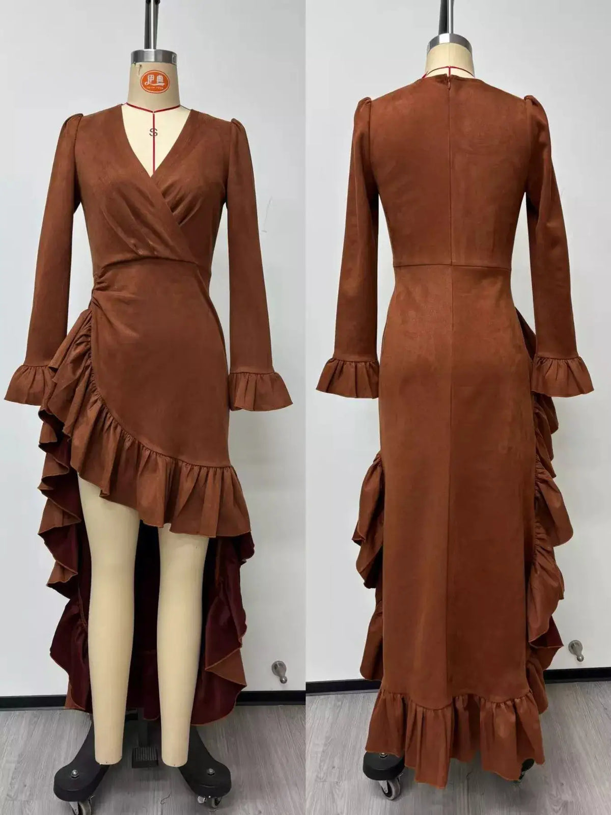 Boho Chic Suede Wrap Dress with Ruffled High-Low Hem by Trendsi