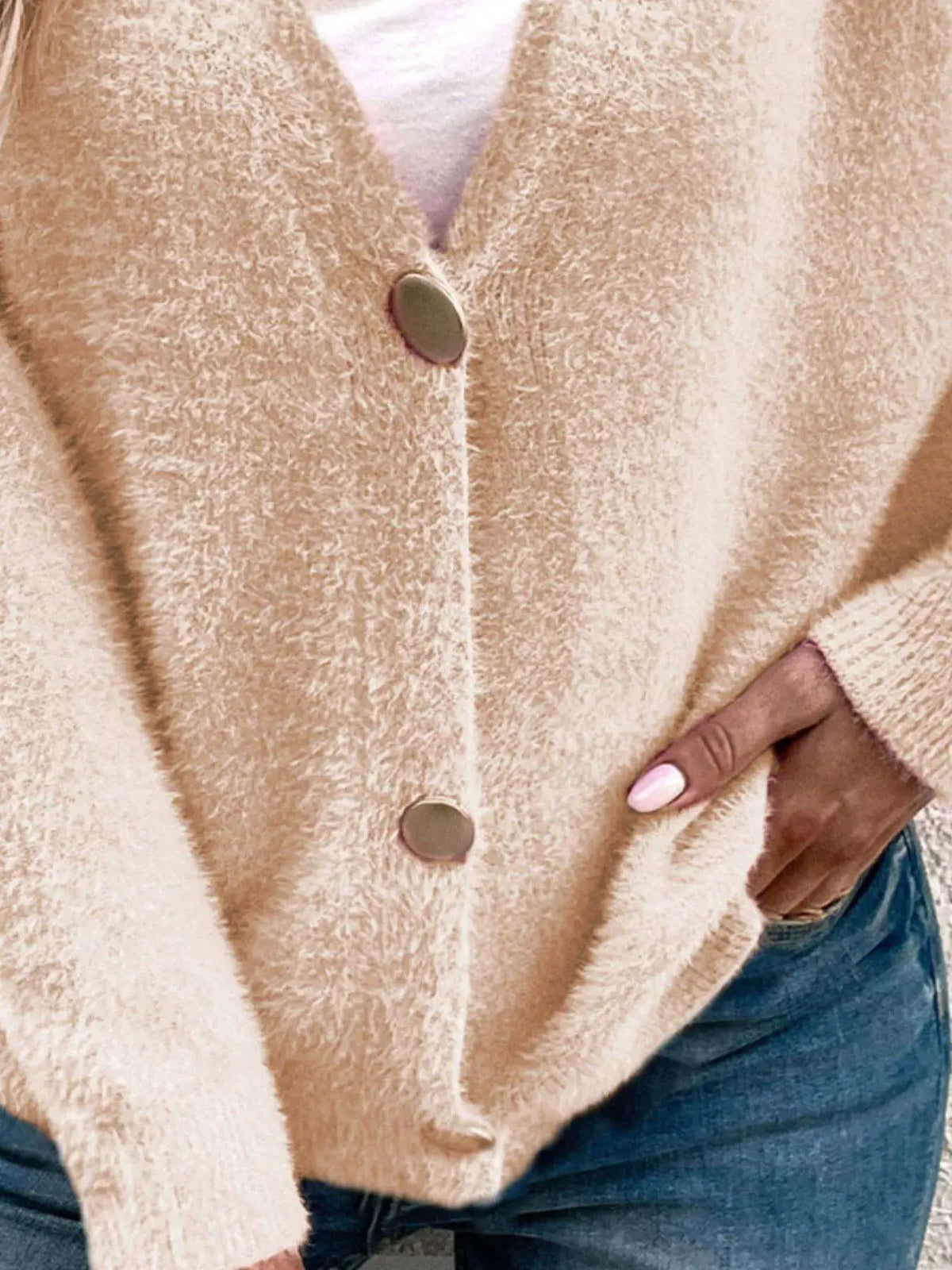 Soft Fuzzy V-Neck Button-Down Cardigan by Trendsi