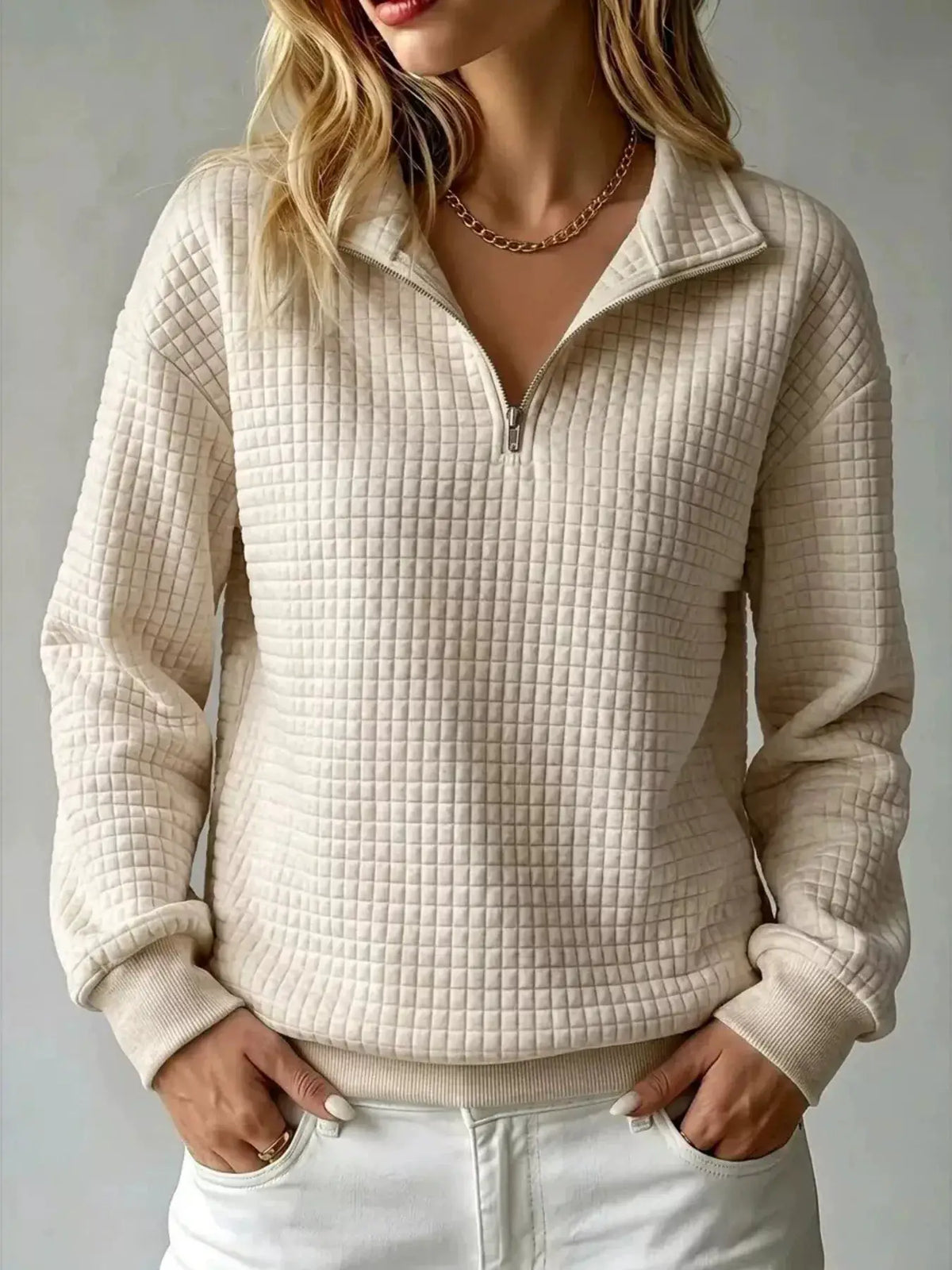 Waffle Knit Quarter-Zip Sweatshirt by Trendsi