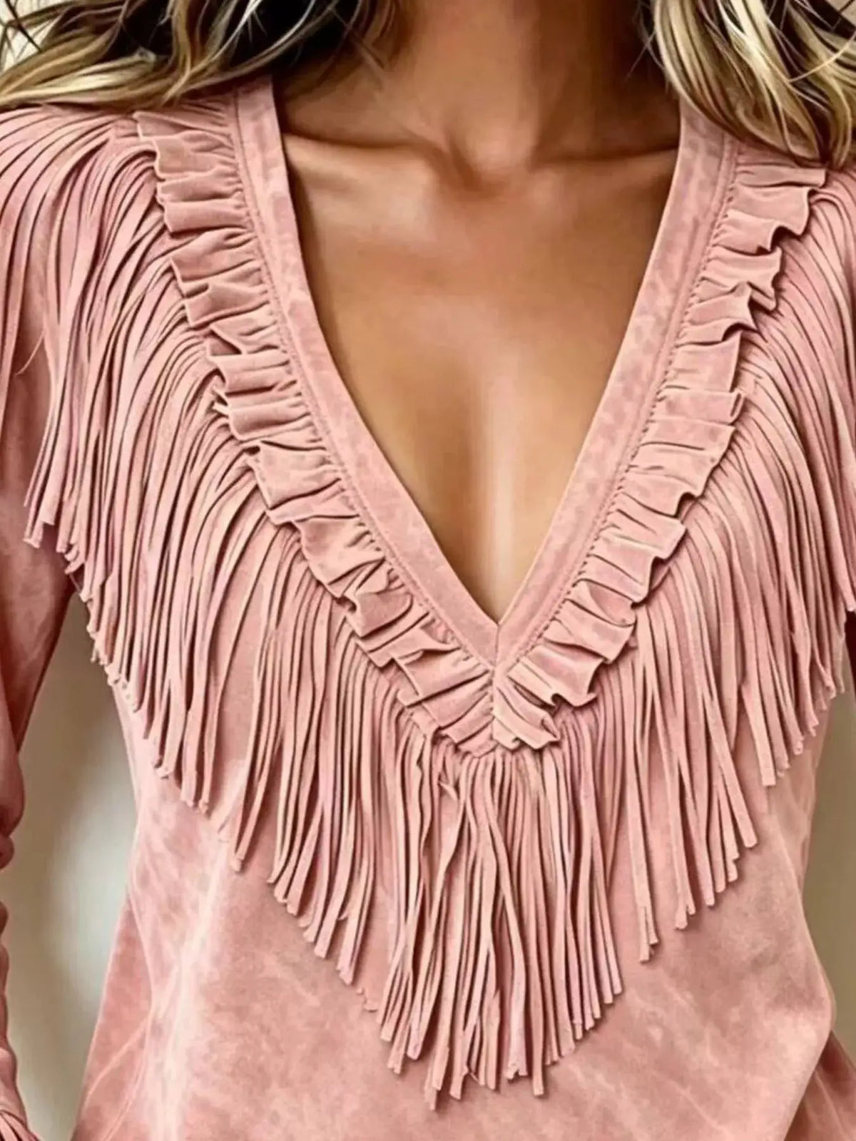 Fringed V-Neck Blouse by Trendsi