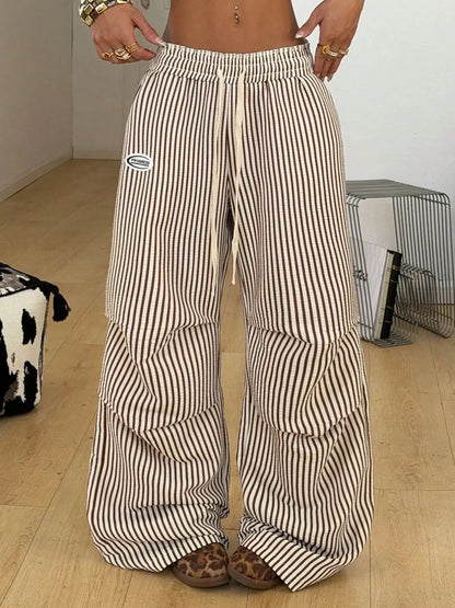High-Waisted Striped Wide-Leg Cargo Pants with Drawstring by Trendsi