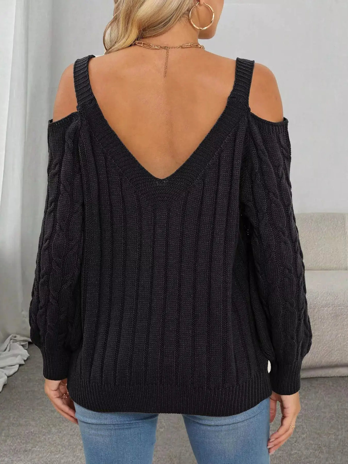 Floral Applique Cold Shoulder Cable Knit Sweater by Trendsi