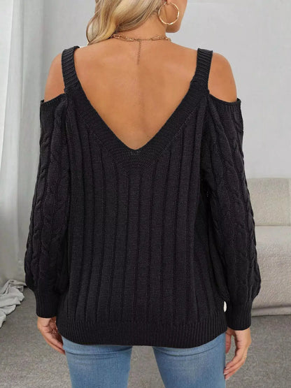 Floral Applique Cold Shoulder Cable Knit Sweater by Trendsi
