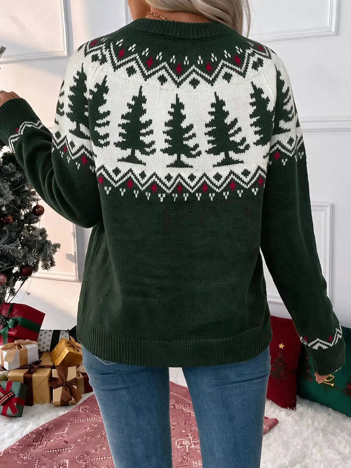 Christmas Tree Pattern Round Neck Sweater by Trendsi