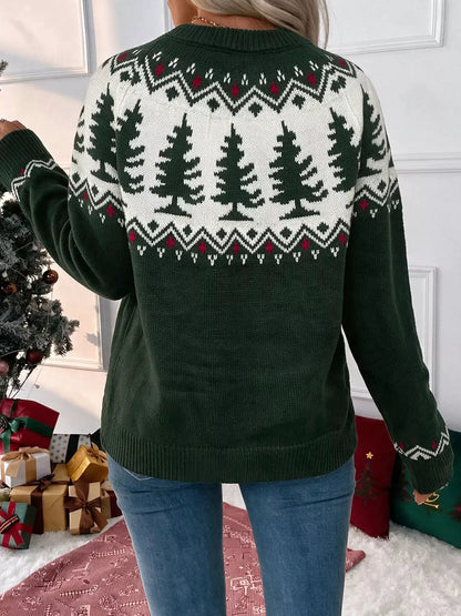 Christmas Tree Pattern Round Neck Sweater by Trendsi
