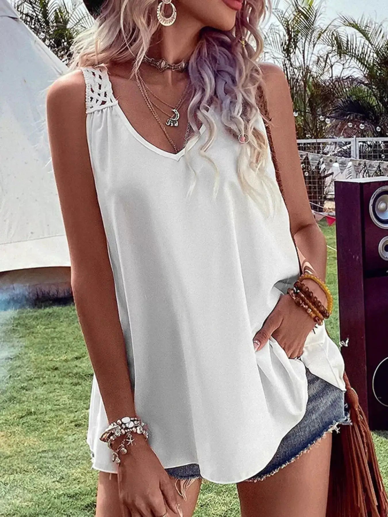 Crochet V-Neck Tank Top by Trendsi