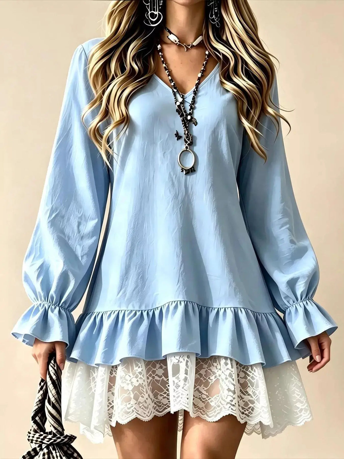 V-Neck Long Sleeve Ruffle Hem Lace Trim Mini Dress by Trendsi